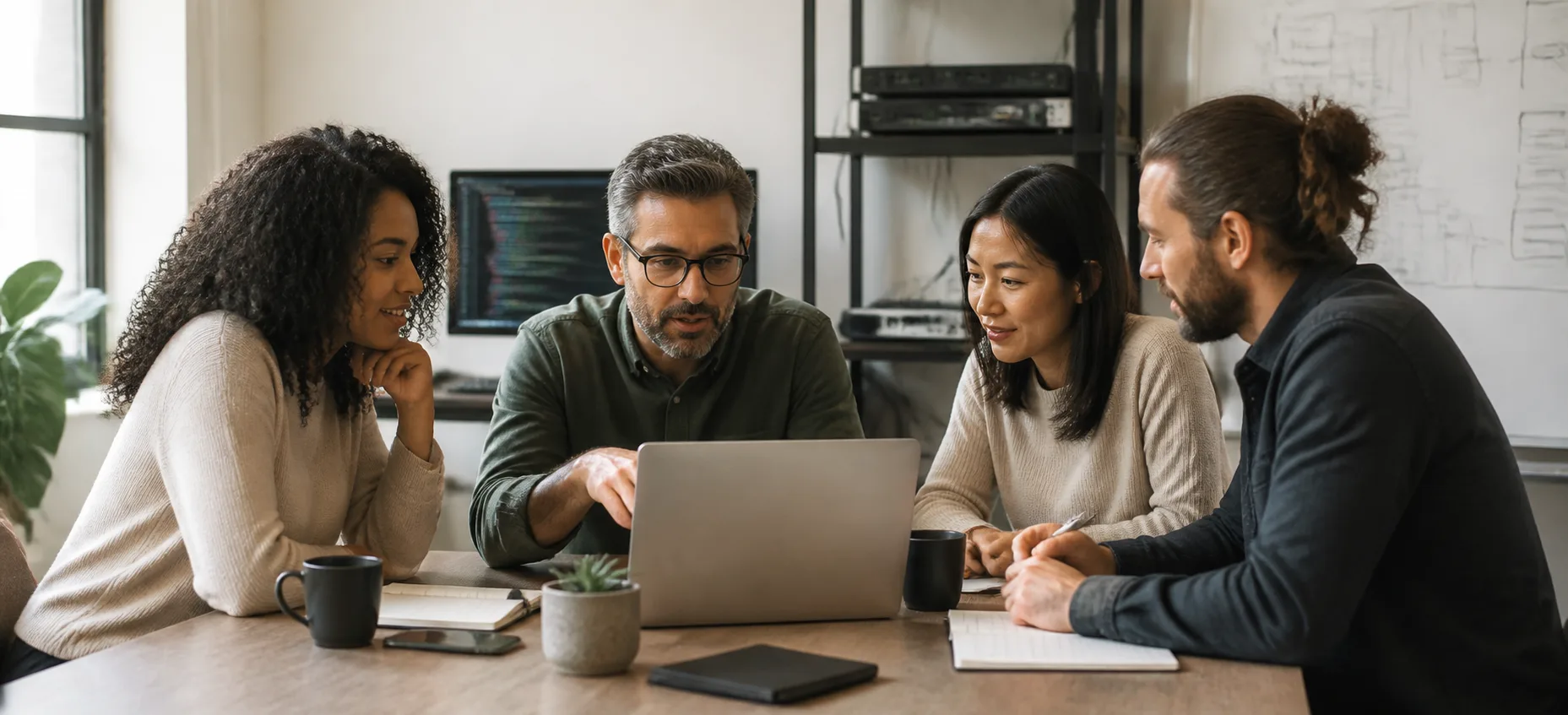 Four colleagues gathered around a laptop at a shared office table, talking through work together